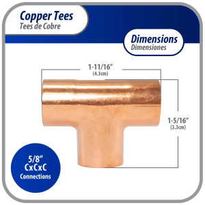 Appli Parts AP-T058 5/8 in Wrot Copper Tee CxCxC connections for refrigeration, air conditioning and plumbing applications ACR and Type L copper pipe Appli Parts AP-T058 5/8 in Wrot Copper Tee CxCxC connections for refrigeration, air conditioning and plumbing applications ACR and Type L copper pipe