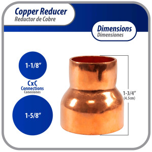 Appli Parts AP-R158118 Reductor de Cobre de 1-5/8x1-1/8 pulg Conexiones CxC soldadas para aplicaciones de refrigeracion, aire acondicionado y plomeria Tuberia de cobre ACR y Tipo L