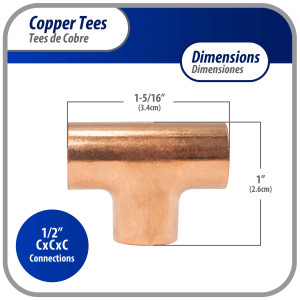 Appli Parts AP-T012B10 1/2in Wrot Copper Tee CxCxC connections for refrigeration, air conditioning and plumbing applications ACR and Type L copper pipe (10 x Bag) 