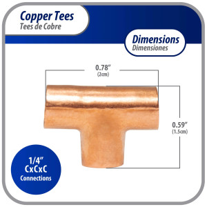 Appli Parts AP-T014 1/4 in Wrot Copper Tee CxCxC connections for refrigeration, air conditioning and plumbing applications ACR and Type L copper pipe Appli Parts AP-T014 1/4 in Wrot Copper Tee CxCxC connections for refrigeration, air conditioning and plumbing applications ACR and Type L copper pipe