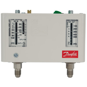 Danfoss 060-5249 KPU15B Presostato Dual, Baja 10 a 60 psi, Alta 100 a 465 psi, SPST (NO+NC), Reset Auto Manual Max, Conexiones Flare de 1/4 pulg Macho