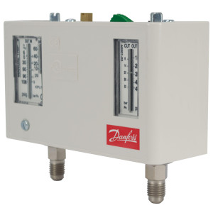 Danfoss 060-5249 KPU15B Presostato Dual, Baja 10 a 60 psi, Alta 100 a 465 psi, SPST (NO+NC), Reset Auto Manual Max, Conexiones Flare de 1/4 pulg Macho
