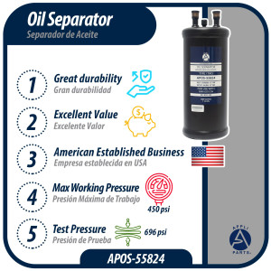 Appli Parts APOS-55824 Separador de Aceite 1/2 pulg ODF Soldable, CFC,HCFC,HFC,R22,R407C,R502,R134a,R404A,R507, Temperatura de trabajo desde -10 C a 130 C Appli Parts APOS-55824 Separador de Aceite 1/2 pulg ODF Soldable, CFC,HCFC,HFC,R22,R407C,R502,R134a,R404A,R507, Temperatura de trabajo desde -10 C a 130 C